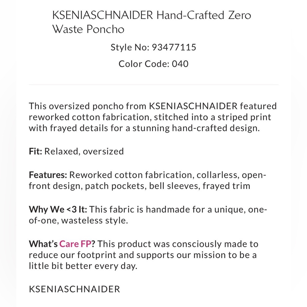 NWT Free People KSENIASCHNAIDER Hand-Crafted Zero Waste Poncho Size XS - Picture 5 of 11